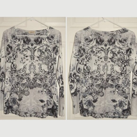 NWOT One World Women M Butterfly Studded Blouse, Long Sleeve - Picture 4 of 8
